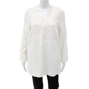 Lisa Perry Womens Silk V-Neck Tunic Blouse Long Sleeve White Zip Size 10